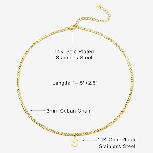 Gold Initial Necklace for Women, 3mm Cuban Link Letter Necklace, 14.5"+2.5" Adjustable Choker, Gold Plated A-Z Alphabet Pendant Necklace, Personalized Jewelry Gift for Her - style: S