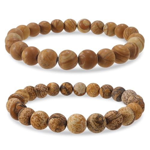 Bivei Natural Crystals Gemstone Healing Stretchy Round Beaded Bracelet | 8MM Semi Precious Beads Bracelet, Handmade Spiritual Jewelry Gift for Women Men,Enhance Positive Energy - color: 8mm Wood Grain Jasper & Picture Jasper (Creativity), size: Large: 8-8