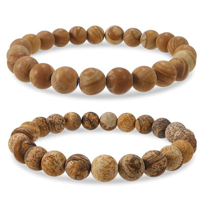 Bivei Natural Crystals Gemstone Healing Stretchy Round Beaded Bracelet | 8MM Semi Precious Beads Bracelet, Handmade Spiritual Jewelry Gift for Women Men,Enhance Positive Energy - color: 8mm Wood Grain Jasper & Picture Jasper (Creativity), size: Large: 8-8