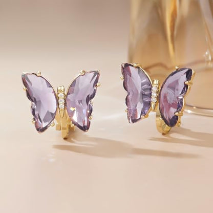 YOQUCOL Butterfly Shape Crystal Clip On Earrings Non Pierced Golden Stud for Women - color: Dark Purple