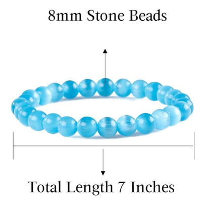 8mm Beaded Bracelets for Women, Natural Crystal Gemstone Energy Bracelets - color: Blue Cat's Eye