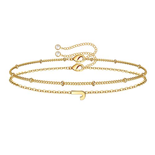 M MOOHAM Valentines Day Gifts for Her Women - Layered Initial Bracelets Gift Letter A-Z Charm, Dainty 14K Gold Plated Initial Bracelets for Women Teen Girls Birthday Jewelry Gifts - color: J