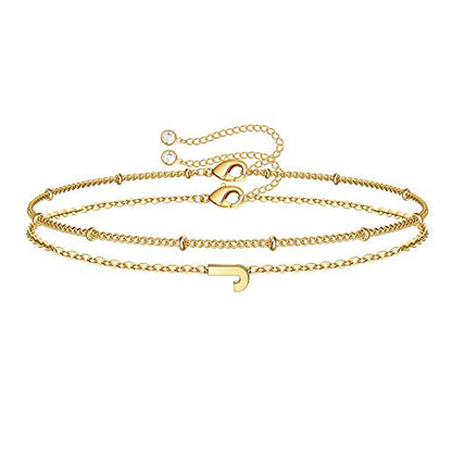 M MOOHAM Valentines Day Gifts for Her Women - Layered Initial Bracelets Gift Letter A-Z Charm, Dainty 14K Gold Plated Initial Bracelets for Women Teen Girls Birthday Jewelry Gifts - color: J