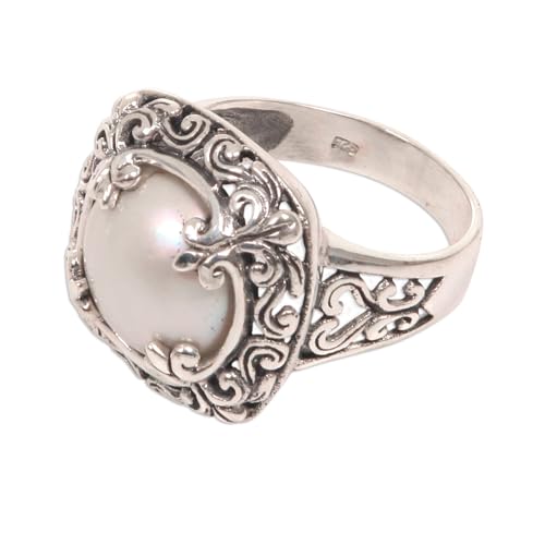 NOVICA Artisan Handmade Mabe Cultured Freshwater Pearl Cocktail Ring .925 Sterling Silver Floral Motif White Indonesia Birthstone 'White Lunar'