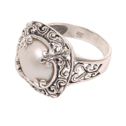 NOVICA Artisan Handmade Mabe Cultured Freshwater Pearl Cocktail Ring .925 Sterling Silver Floral Motif White Indonesia Birthstone 'White Lunar'