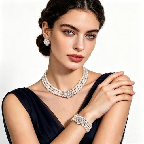 Multi Layer Bridal Jewelry Set Faux Pearl Necklace Earrings Bracelet Rhinestone Floral Choker Prom Necklace for Wedding bridal Bridesmaid (3 Piece)