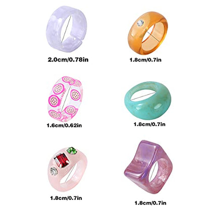 20 Pcs Acrylic Cute Trendy Colorful Rhinestone Stackable Chunky Rings for Women