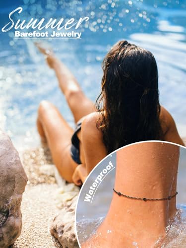 U7 Ankle Bracelets for Women Stainless Steel Waterproof Tarnish Resistant | 18K Gold Plated/Silver/Rose Gold Anklets,Cuban Chain Anklet Bracelets, Perfect for Summer Beach and Vacation Outfits - color: Black-Bead Chain