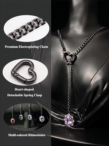 Women's Heart O-Ring Slip Chain Necklace, Double Layered Adjustable 39'' Cuban Chain with Detachable Heart Clasp and Colorful Rhinestone Pendant - color: 25'' Black-Amethyst Purple