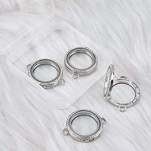 WANDIC Rhinestone Photo Charm, 4Pcs Round Shaped Double Buckle Crystal Photo Pendant Bridal Wedding Bouquet Charms Memory Lockets for 2 Pictures