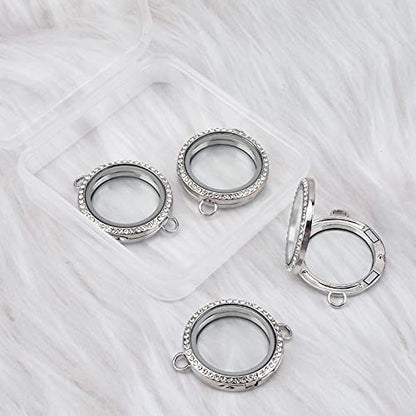 WANDIC Rhinestone Photo Charm, 4Pcs Round Shaped Double Buckle Crystal Photo Pendant Bridal Wedding Bouquet Charms Memory Lockets for 2 Pictures
