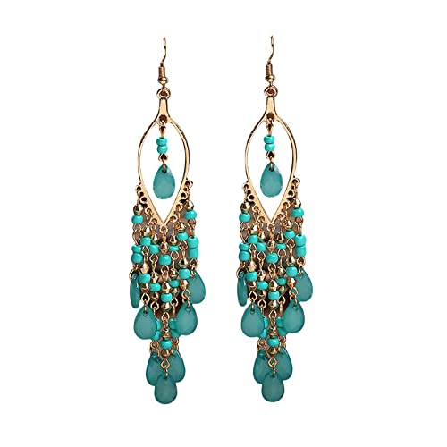 Essencedelight Crystal Beaded Tassel Earring Long Beaded Dangle Earring Fringe Hook Earring for Women Bridal Wedding - color: blue 2
