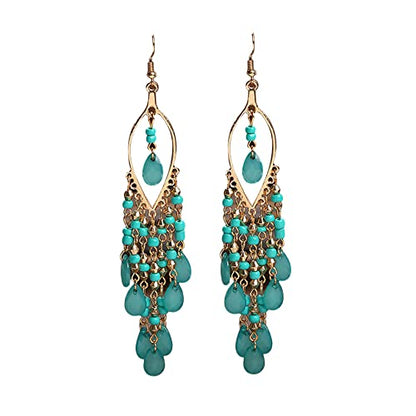 Essencedelight Crystal Beaded Tassel Earring Long Beaded Dangle Earring Fringe Hook Earring for Women Bridal Wedding - color: blue 2