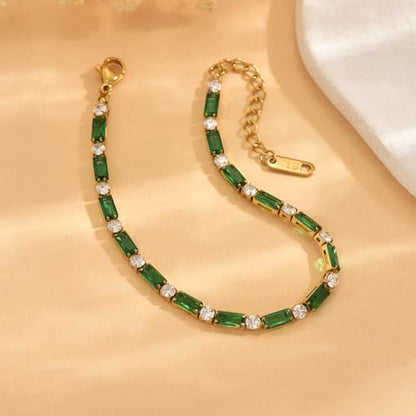 18K Gold Plated Multi-Color Classic Tennis Bracelet for Women Dainty Color 3mm Rainbow Cubic Zirconia Bracelet Adjustable CZ Gold Bracelets Trendy Summer Jewelry Gift - style: Green-Gold
