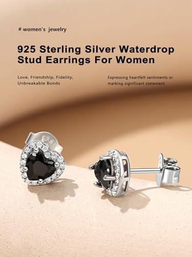Bestyle Sparkling 925 Sterling Silver Birthstone Stud Earrings for Women, Heart/Round/Teardrop/Square Solitaire Diamond Studs Earrings, Great Birthday/Christmas Gifts - style: 00. Black Onyx-heart