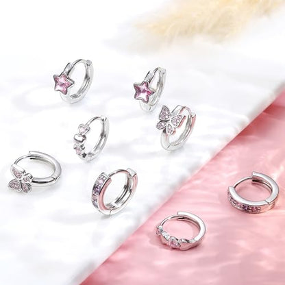 YADOCA Hypoallergenic Hoop Earrings For Girls Women Kids Toddler Earrings | Cute Small Huggie Hoop Earring Set Colorful Blue Pink CZ Cartilage Earring 10mm 4 Pairs Butterfly Star Wear While Sleeping - color: Pink
