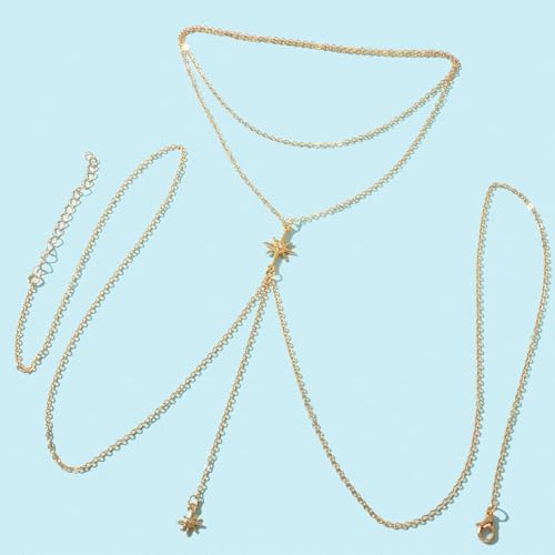Gold Plated Body Chain for Women, Layered Bikini Waist Chain | Sexy Rhinestone Body Jewelry, Chest Belly Chain, Adjustable Fit, Crossover Design, Summer Beach Parties and Vacations