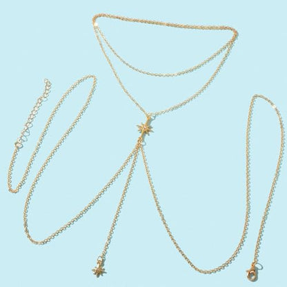 Gold Plated Body Chain for Women, Layered Bikini Waist Chain | Sexy Rhinestone Body Jewelry, Chest Belly Chain, Adjustable Fit, Crossover Design, Summer Beach Parties and Vacations