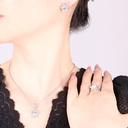 Elegant Jewelry Set Necklace for Women，Adjustable Dainty Cubic Zirconia Trendy Choker Pendant Necklace+Earrings+Ring, Mother's Day Valentine's Day Gifts Pendant Set for Women 3PCS - color: White star