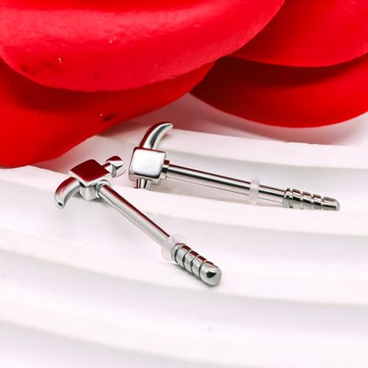 14G Wrench Barbell Nipple Ring 316L Anchor and Rudder Nipple Barbell Screw Nipple Rings Body Piercing Jewelry for Women Men - color: Silver hammer