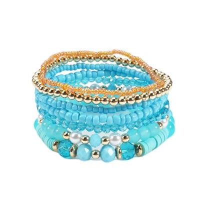 7Pcs Bohemia Multilayer Stackable Crystal Beaded Bracelet Set Multicolor Surfer Heishi Clay Gold Beaded Friendship Stretch Bracelets for Women Men Summer Beach Boho Vacation Jewelry Gifts - color: Z-Blue