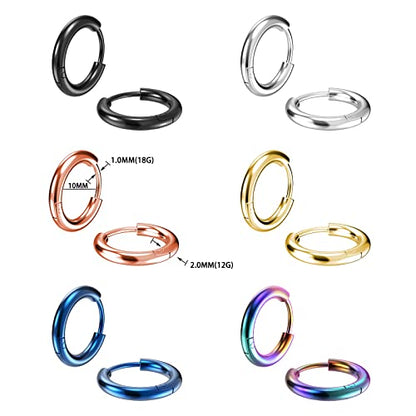 316L Surgical Stainless Steel Small Hoop Earrings 8mm 10mm 12mm 14mm Hypoallergenic Huggie Hoop Earrings Helix Lobes Hinged Sleeper Earrings Cartilage Piercings - color: B: Diameter 10mm (6 Color),6 Pairs