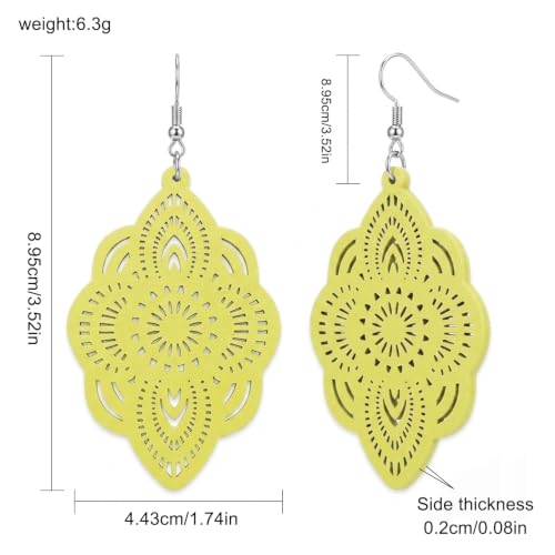 Boho Black Filigree Dangle Earrings for Women, Lightweight Hollow Lace Drop, Wood, 3.34" x 1.69", Bohemian Jewelry - color: Light Green