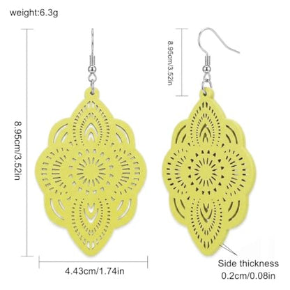 Boho Black Filigree Dangle Earrings for Women, Lightweight Hollow Lace Drop, Wood, 3.34" x 1.69", Bohemian Jewelry - color: Light Green
