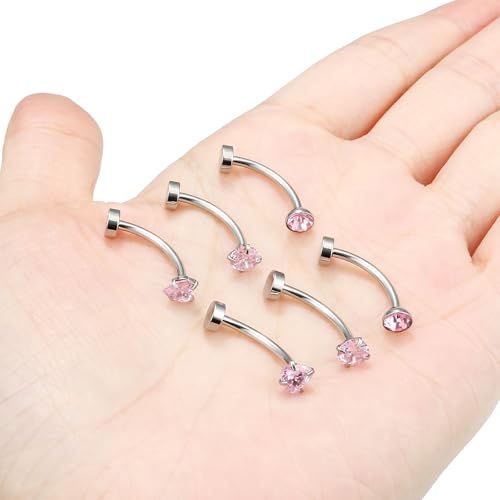 Vsnnsns 14G Floating Belly Button Ring Piercing Jewelry 316L Stainless Surgical Steel Round Heart Cubic Zirconia Navel Rings Belly Button Ring Piercing Jewelry for Women 14 Gauge Hypoallergenic - color: Silver-14MM Bar-Pink CZ
