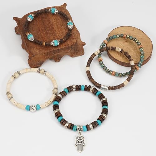 Boho Wooden Beads Bracelets Bohemian Bracelet Stack for Men Women Wood Beaded Bracelet Set - color: E