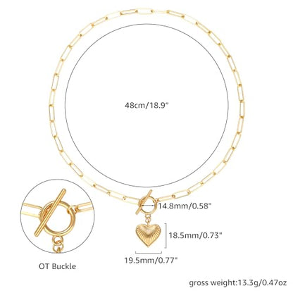 Chunky Gold Necklace for Women, 18K Waterproof Heart Necklace Statement Necklace Gold Charm Necklace Chunky Jewelry Paperclip Chain Choker Gift for Women - style: Heart Charm Toggle