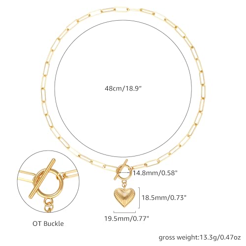 Chunky Gold Necklace for Women, 18K Waterproof Heart Necklace Statement Necklace Gold Charm Necklace Chunky Jewelry Paperclip Chain Choker Gift for Women - style: Heart Charm Toggle