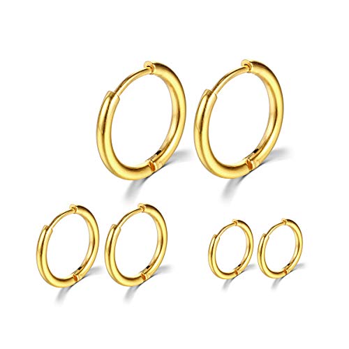 Surgical Stainless Steel Hoop Earrings 8mm/10mm/12mm Small Huggie Hoop Earrings for Women and Men - color: E: Gold (Diameter 8mm/10mm/12mm),3 Pairs