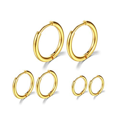Surgical Stainless Steel Hoop Earrings 8mm/10mm/12mm Small Huggie Hoop Earrings for Women and Men - color: E: Gold (Diameter 8mm/10mm/12mm),3 Pairs