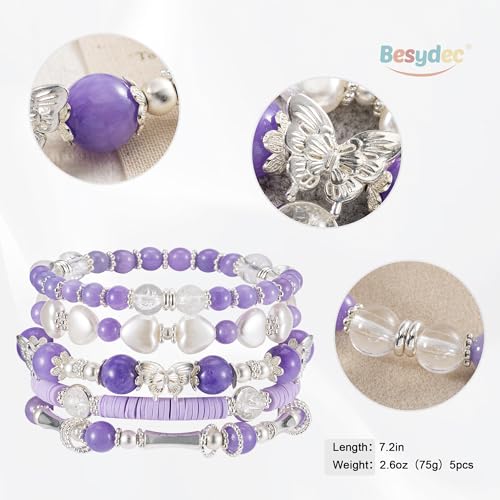 Besydec Stackable Boho Beaded Bracelets With Natural Stone & Pearl Heart & Clay Beads for Women,Adjustable Silver Jewelry - color: Purple