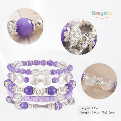 Besydec Stackable Boho Beaded Bracelets With Natural Stone & Pearl Heart & Clay Beads for Women,Adjustable Silver Jewelry - color: Purple