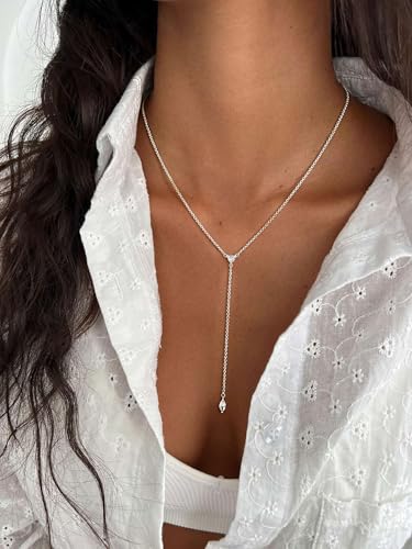 14K Gold Plated Layered Lariat Necklace for Women - Waterproof Non-Tarnish Dainty Gold Chain Necklace, Long Boho Statement Jewelry for Wedding, Prom, Summer Vacation Gifts - color: Two CZ Y Necklace-Silver