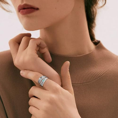 AVECON S925 Sterling Silver Turquoise/Labradorite/Just Breathe/Onyx Rings | Hypoallergenic Adjustable Open Feather Gift Women Men Thumb Spoon Statement Western Band Jewelry for Anniversary - color: Custom-Turquoise