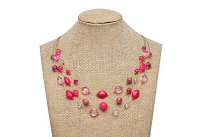 Coiris 3 Layers Illusion Wire Beaded Statement 19.5" Necklace for Women - color: N0005-Fuchsia Bud