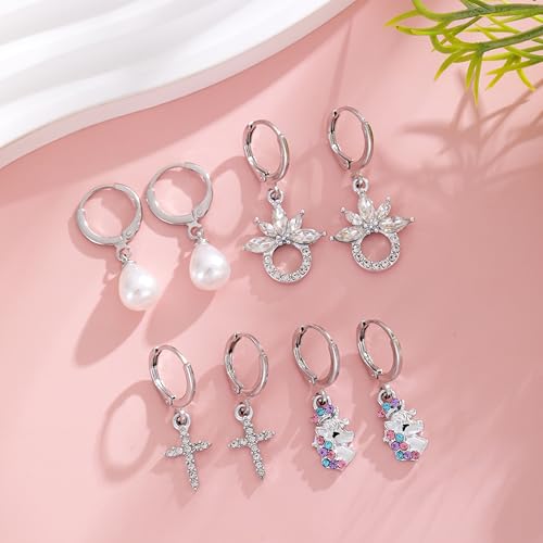 16 Pairs Hypoallergenic Silver Small Hoop Dangle Earrings Set for Girls | Cute Heart Cat Butterfly Pearl Bow Huggie Hoop Dangle Earrings for Women Little Girls Kids Jewelry Gift
