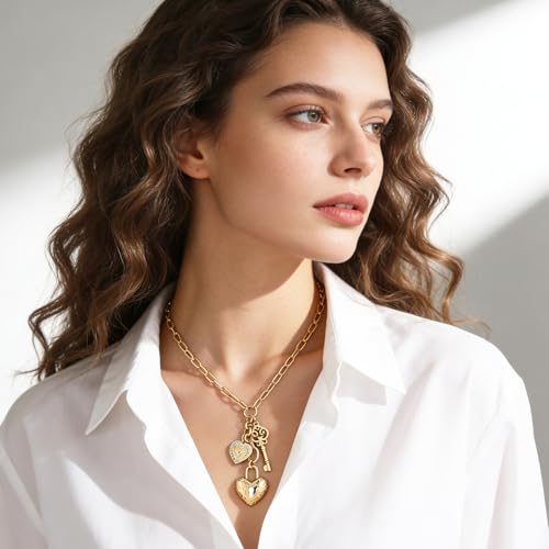 Chunky Gold Necklace for Women, 18K Waterproof Heart Necklace Statement Necklace Gold Charm Necklace Chunky Jewelry Paperclip Chain Choker Gift for Women - style: Heart Lock & Key
