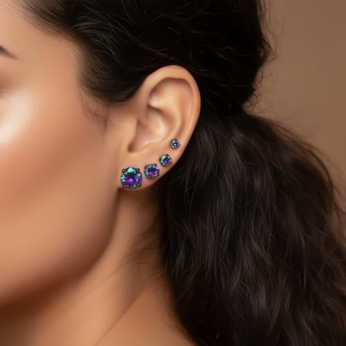 5 Pairs Screw Back Stud Earrings Set, Cubic Zirconia Stud Earring for Women Men Hypoallergenic 316L Surgical Stainless Steel Round Cut CZ 3-7mm - color: Black-Rainbow