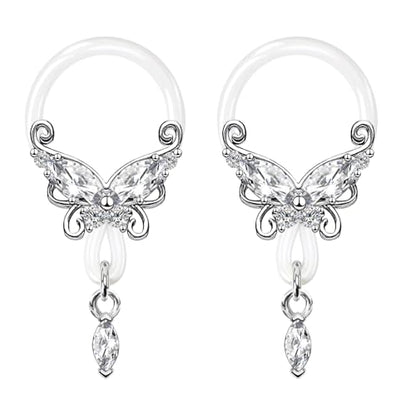 2 Pcs Butterfly Fake Nipple Rings for Women, CZ Nipple Noose Nipple Jewelry Non Piercing Dangle Nipple Ring, Non Pierced Nipple Body Jewelry - color: silver