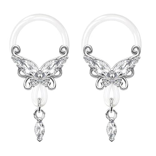 2 Pcs Butterfly Fake Nipple Rings for Women, CZ Nipple Noose Nipple Jewelry Non Piercing Dangle Nipple Ring, Non Pierced Nipple Body Jewelry - color: silver