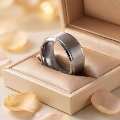 Tungsten Wedding Band Ring Black 10mm Men Women Comfort Fit 18k Rose Gold Step Edge Brushed Polished - color: Grey Tungsten