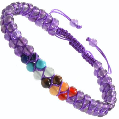 MASSIVE BEADS Double Layer Natural Chakra Healing Power Crystals Macrame Bracelet Yoga Stone Beads Gemstone Meditation Relax Anxiety Bangle for Unisex Women Men - color: 7-Chakras&Amethyst, size: 4mm