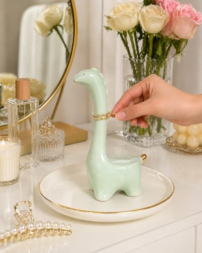 Ring Holder Dinosaur Jewelry Dish, Ceramic Dino Trinket Tray for Rings Earrings Necklace Bracelet, Animal Organizer for Vanity Nightstand Bathroom - color: Dinosaur