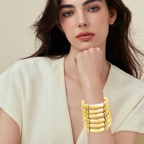 YBMYCM 5PCS Gold Chunky Bangles Bracelets for Women | 14k Gold Plated Stackable Layered Curved Bamboo Tube Stretch Bracelets Bangle Gift Jewelry - color: 6pcs G