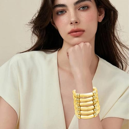 YBMYCM 5PCS Gold Chunky Bangles Bracelets for Women | 14k Gold Plated Stackable Layered Curved Bamboo Tube Stretch Bracelets Bangle Gift Jewelry - color: 6pcs G
