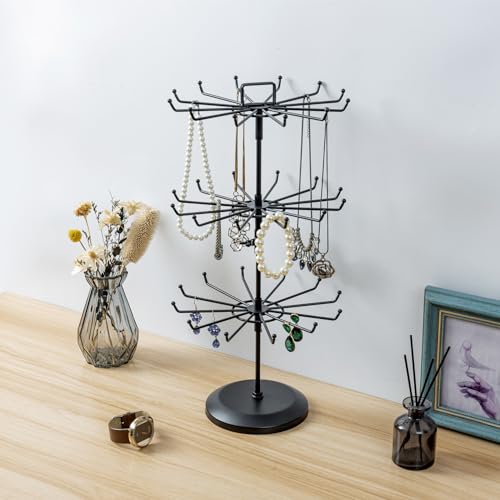 MyGift Black Metal Rotating 3-Tier Jewelry Stand with 36 Hooks | 360° Spinning Display Organizes Necklaces, Bracelets & Keychains with Top Card Holder for Retail or Vanity Use - color: Black (3 Tier)